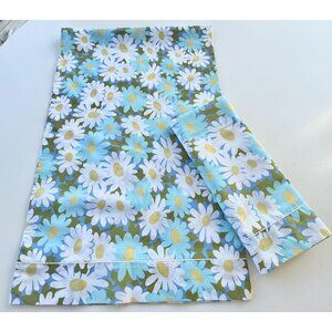 Vintage 70s bolster pillowcases, blue, avocado crazy daisies, floral, pair
